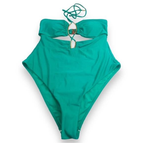 River Island - Women’s Emerald Green Strappy High Cut One Piece Swimsuit - Picture 12 of 14